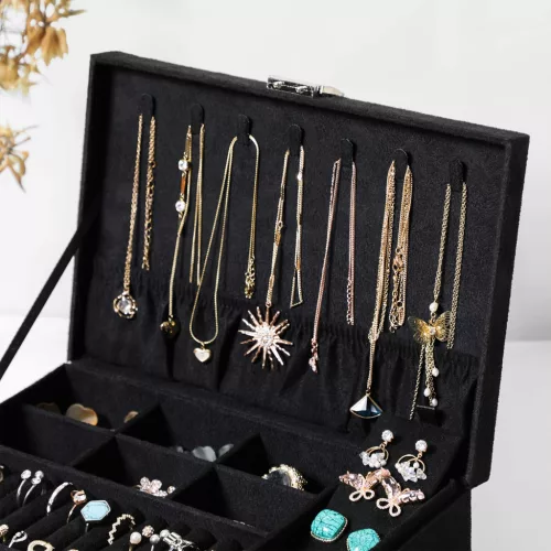 SONGMICS Elegáns Kétszintes Ékszertartó Doboz Fiókkal Fekete