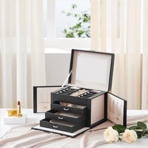 SONGMICS Elegáns Négyszintes Zárható Ékszertartó Doboz Bársony Béléssel Fekete