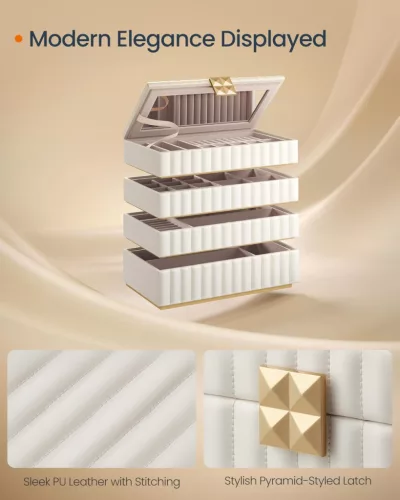 SONGMICS ANAH Négyszintes Ékszertartó Doboz Tükörrel Felhőfehér PU Bőr Borítással