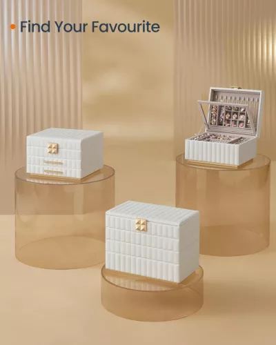 SONGMICS ANAH Négyszintes Ékszertartó Doboz Tükörrel Felhőfehér PU Bőr Borítással