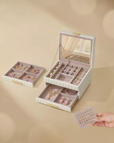 SONGMICS ANAH Luxus Ékszertartó Doboz Tükörrel Fehér PU Bőr Felülettel