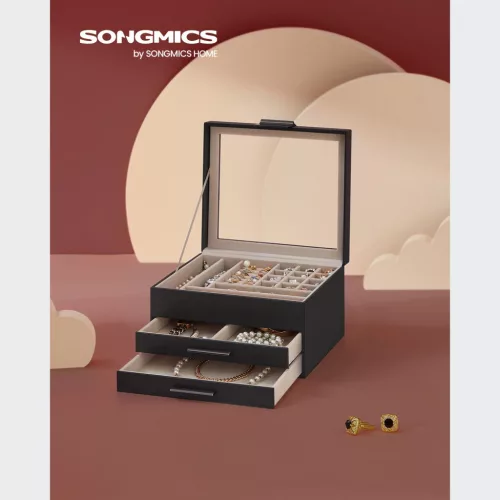 SONGMICS Modern Üvegfedeles Ékszertartó Doboz Fekete-Ezüst