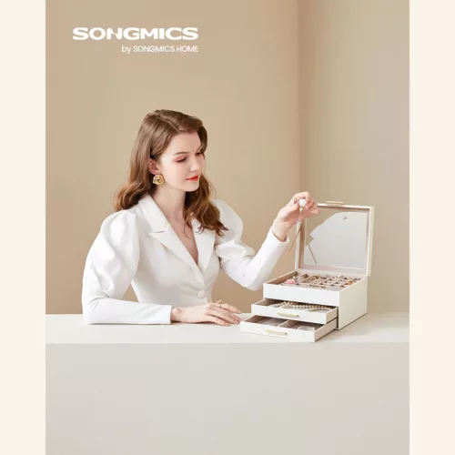 SONGMICS Elegance Üvegfedeles Ékszertartó Doboz Felhőfehér-Arany