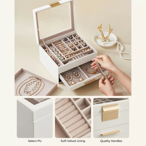 SONGMICS Elegance Üvegfedeles Ékszertartó Doboz Felhőfehér-Arany