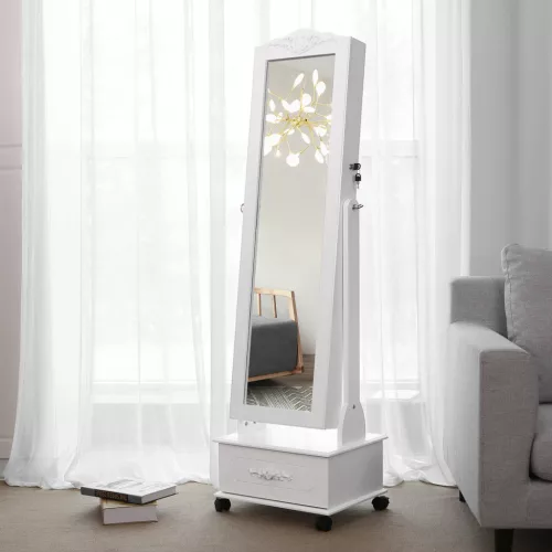 SONGMICS LED Világítású Gurulós Ékszertartó Szekrény Tükörrel Fehér