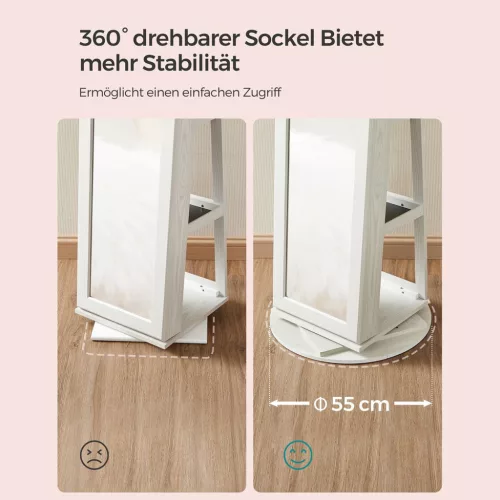 SONGMICS 360° Forgatható Ékszertároló Szekrény Tükörrel Fehér-Szürke