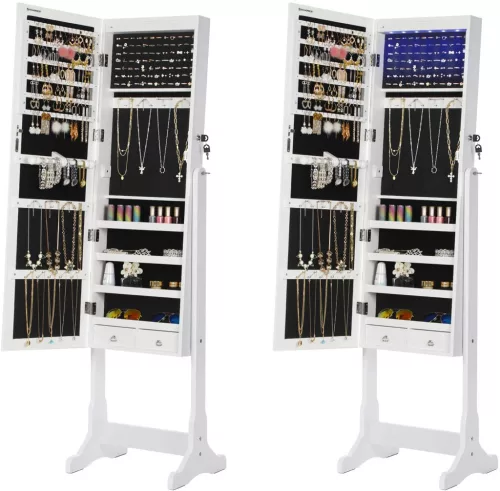 SONGMICS LED Ékszertároló Tükörszekrény Fehér Álló Tükörrel