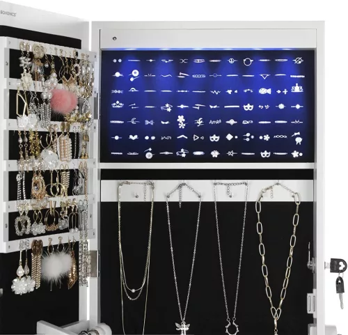 SONGMICS LED Ékszertároló Tükörszekrény Fehér Álló Tükörrel