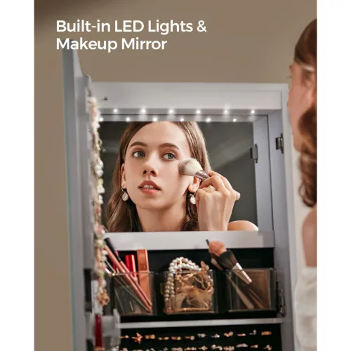 SONGMICS LED Ékszertartó Tükrös Szekrény Állítható Világítással Fehér
