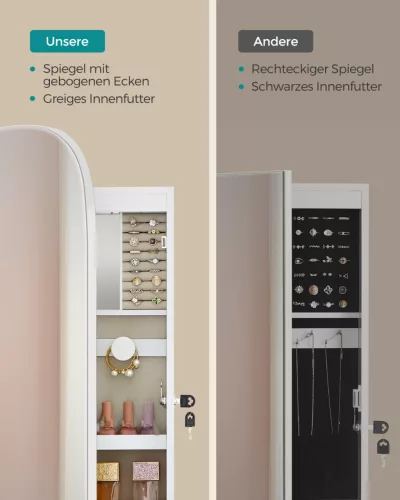 SONGMICS LED Tükrös Ékszertároló Szekrény Falra Szerelhető Lekerekített Dizájnnal Fehér