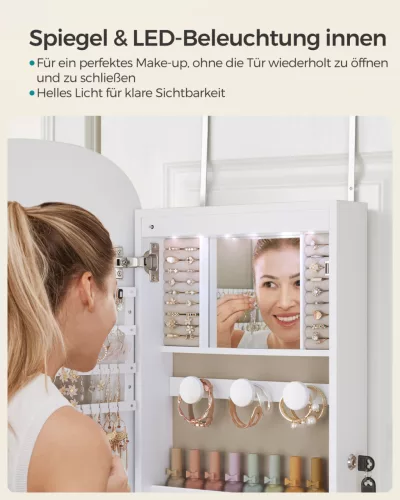 SONGMICS LED Tükrös Ékszertároló Szekrény Falra Szerelhető Lekerekített Dizájnnal Fehér
