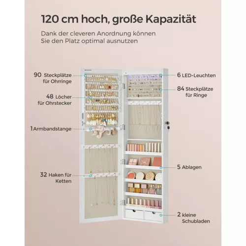 SONGMICS Falra Szerelhető Ékszertartó Szekrény Tükörrel Fehér