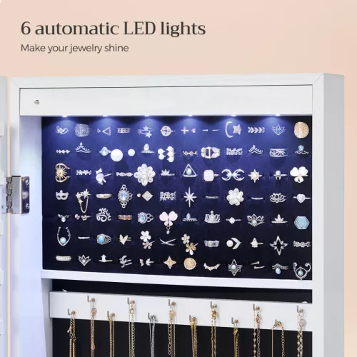 SONGMICS 120 cm magas LED világításos tükrös ékszertároló szekrény MDF fehér