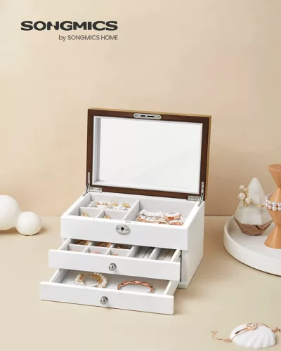 SONGMICS Elegáns 3-Szintes Ékszertartó Doboz Tükörrel Fehér-Fa