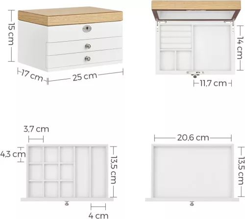 SONGMICS Elegáns 3-Szintes Ékszertartó Doboz Tükörrel Fehér-Fa