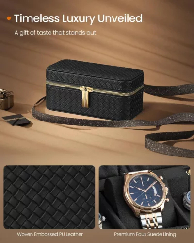 SONGMICS RONNE Luxus Óratartó Utazótok 3 Órához Fekete PU Bőr Kivitelben
