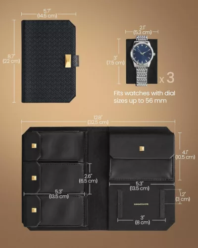 SONGMICS HOME RONNE Prémium Óratartó Tok Fekete PU Bőr 3 Órához