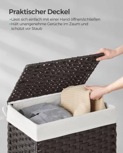 SONGMICS 90L Kézzel Font Szennyeskosár Fedéllel és Fogantyúkkal Fekete Műrattan
