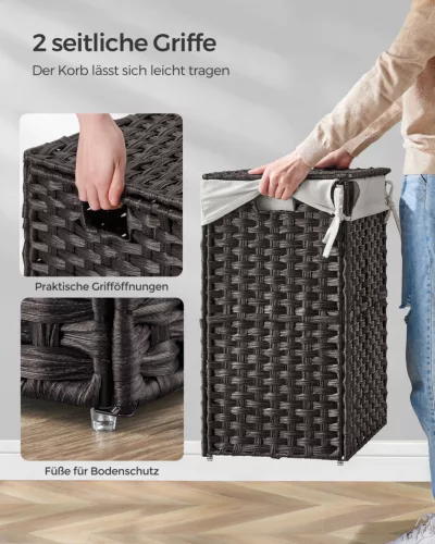 SONGMICS 90L Kézzel Font Szennyeskosár Fedéllel és Fogantyúkkal Fekete Műrattan
