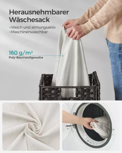 SONGMICS 90L Kézzel Font Szennyeskosár Fedéllel és Fogantyúkkal Fekete Műrattan