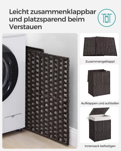 SONGMICS 90L Kézzel Font Szennyeskosár Fedéllel és Fogantyúkkal Fekete Műrattan