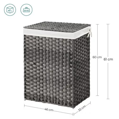 SONGMICS Kézzel Font Rattan Hatású Szennyestartó Kosár Fedéllel Szürke