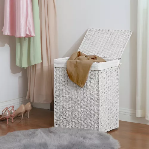 SONGMICS Kézzel Font Műrattan Szennyestartó Kosár Fehér 90L