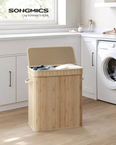 SONGMICS LCB063N01 szennyeskosár fedéllel bambusz természetes bézs 100 liter