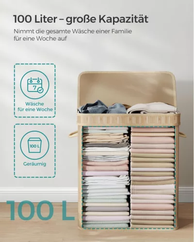 SONGMICS LCB063N01 szennyeskosár fedéllel bambusz természetes bézs 100 liter