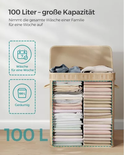 SONGMICS Bambusz Szennyestartó Fedéllel Természetes Bézs 100L