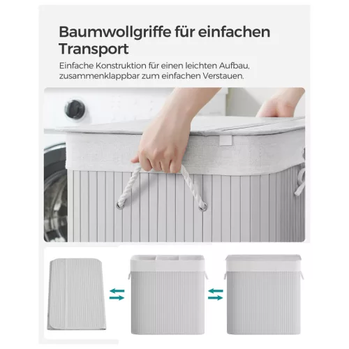 SONGMICS Bambusz Szennyestartó 3 Rekesszel Szürke 150L