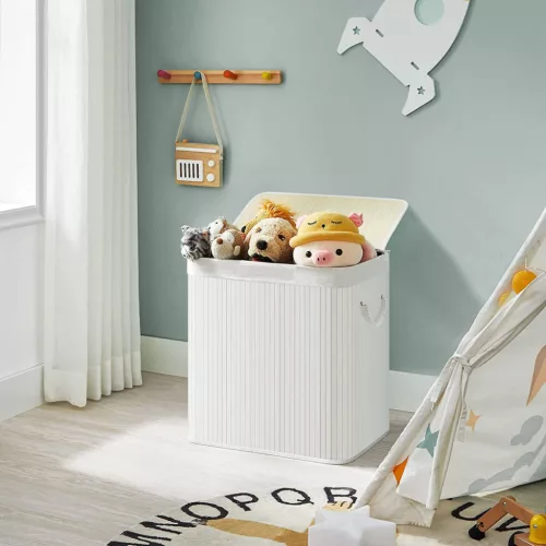 SONGMICS 3 Rekeszes Bambusz Szennyestartó Kosár Fedéllel Fehér