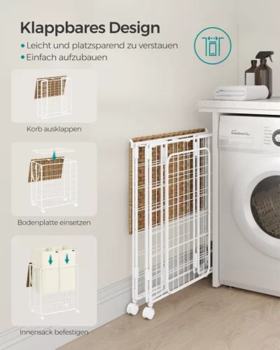 SONGMICS Prémium Szennyestartó Kosár 110L Kerekes Kivehető Zsákkal Natúr-Krém