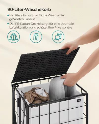 SONGMICS Gurulós Szennyestartó 90L Kivehető Mosózsákkal Fekete/Fehér