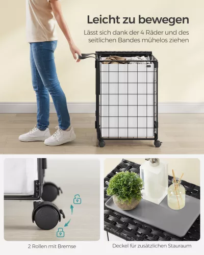 SONGMICS Gurulós Szennyestartó 90L Kivehető Mosózsákkal Fekete/Fehér