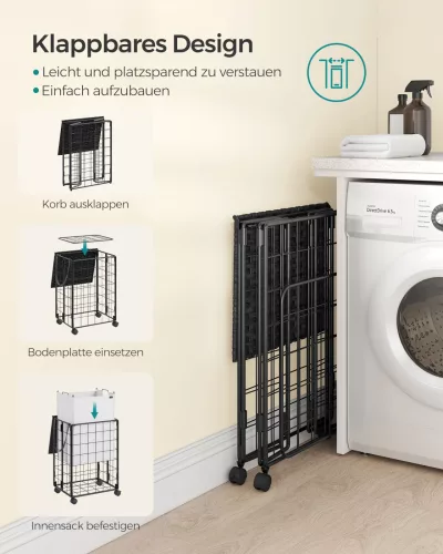 SONGMICS Gurulós Szennyestartó 90L Kivehető Mosózsákkal Fekete/Fehér