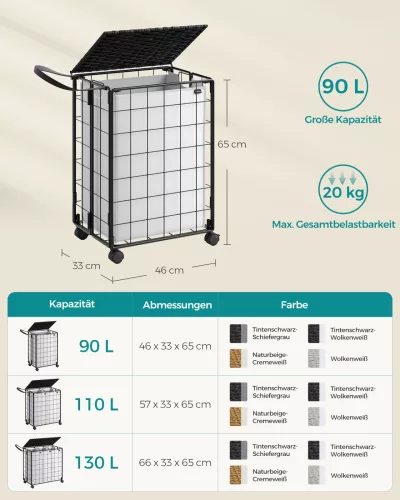 SONGMICS Gurulós Szennyestartó 90L Kivehető Mosózsákkal Fekete/Fehér