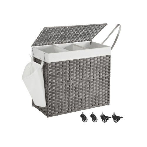 SONGMICS Rattan Hatású 3 Rekeszes Szennyestartó Kosár Fedéllel és Kerekekkel Szürke