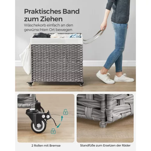 SONGMICS Rattan Hatású 3 Rekeszes Szennyestartó Kosár Fedéllel és Kerekekkel Szürke