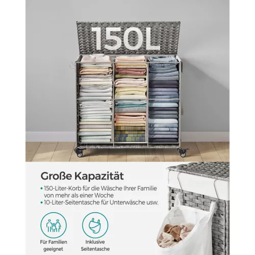 SONGMICS 160 literes szennyeskosár fedéllel 3 rekeszes PP műrattan szürke kerekekkel