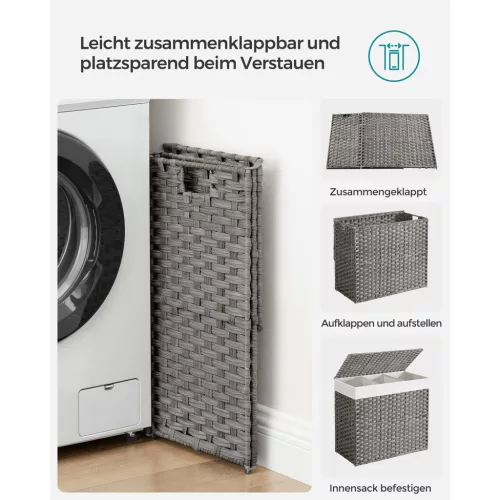 SONGMICS 160 literes szennyeskosár fedéllel 3 rekeszes PP műrattan szürke kerekekkel