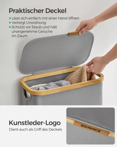 SONGMICS Slim Szennyestartó Kosár Oxford Szövet Bambusz Fogantyúval Galambszürke