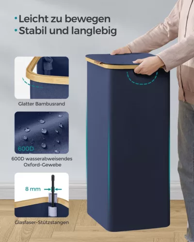 SONGMICS Nagy Szennyestartó Kosár Bambusz Fogantyúval Oxford Szövet Sötétkék