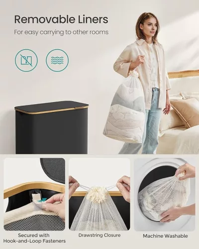 SONGMICS Premium 150L Háromrekeszes Szennyestartó Bambusz Fogantyúval Fekete