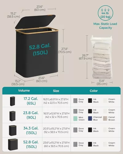 SONGMICS Premium 150L Háromrekeszes Szennyestartó Bambusz Fogantyúval Fekete