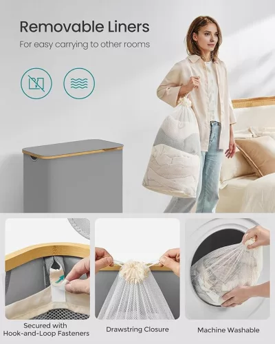 SONGMICS Premium 3-Rekeszes Szennyestartó Bambusz Fogantyúval Galambszürke