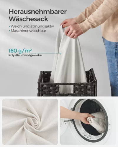 SONGMICS Kézzel Font Műrattan Szennyestartó Kosár Fekete