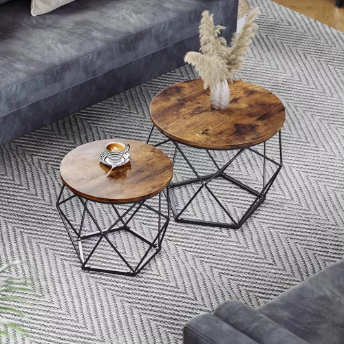 VASAGLE Geometrikus Dohányzóasztal Szett Rusztikus Fa és Fekete Fém Vázzal