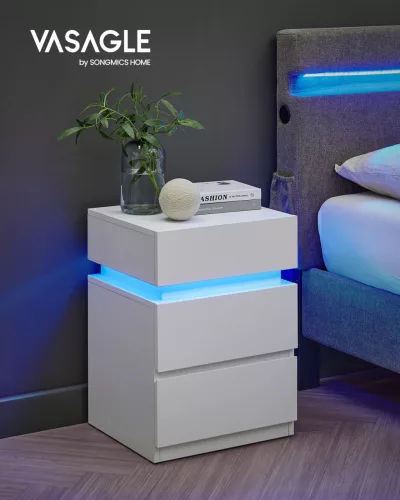 VASAGLE LED Éjjeliszekrény 3 Fiókos Fehér Állítható Színű Világítással