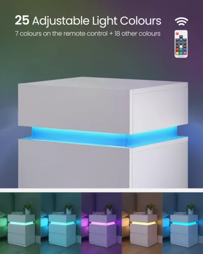 VASAGLE LED Éjjeliszekrény 3 Fiókos Fehér Állítható Színű Világítással